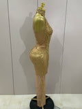 Luxury Sparkly Gold Rhinestone Sexy Transparent Mesh Long Dress Women Birthday Party Gown Stage Singer Performance Costume
