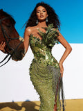 Summer New Green Feather Shining Sequins Strapless Slim High Slit Beads Tassels Party Cocktail Evening Dress