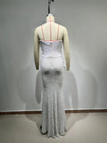 Luxury Pearl String Sexy See Through White Sequins Long Dress Elegant Woman Wedding Party Dress Red Carpet Goddess Vestido