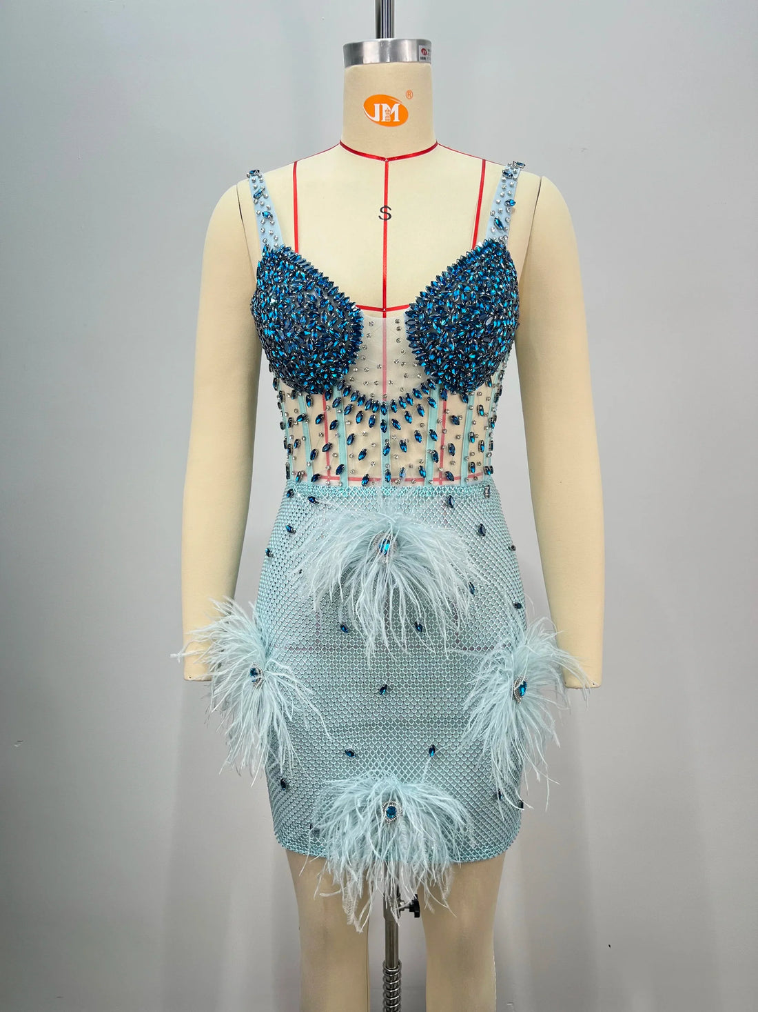 Luxury Feather Dazzling Diamonds Sexy Mesh See Through Light Blue Mini Dress Celebrity Birthday Party Dress Performance Costume
