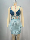 Luxury Feather Dazzling Diamonds Sexy Mesh See Through Light Blue Mini Dress Celebrity Birthday Party Dress Performance Costume