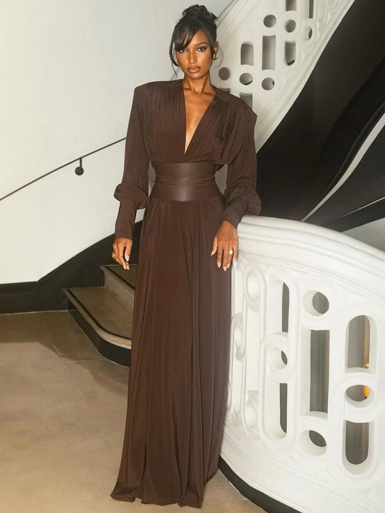 Spring Fashion Dresses For Women Plunging V Neck High Waist Belt Long Sleeves Wedding Party Dress Brown Gowns