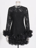 Sexy Women's Black Lace Mini Dresses O-neck Long Sleeve Bodycon Stacked Mesh Design Dress Cocktail Evening Party Vestidos black