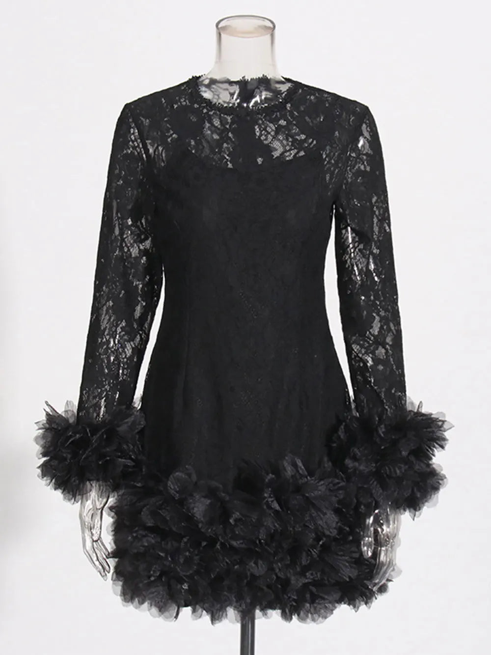 Sexy Women's Black Lace Mini Dresses O-neck Long Sleeve Bodycon Stacked Mesh Design Dress Cocktail Evening Party Vestidos black