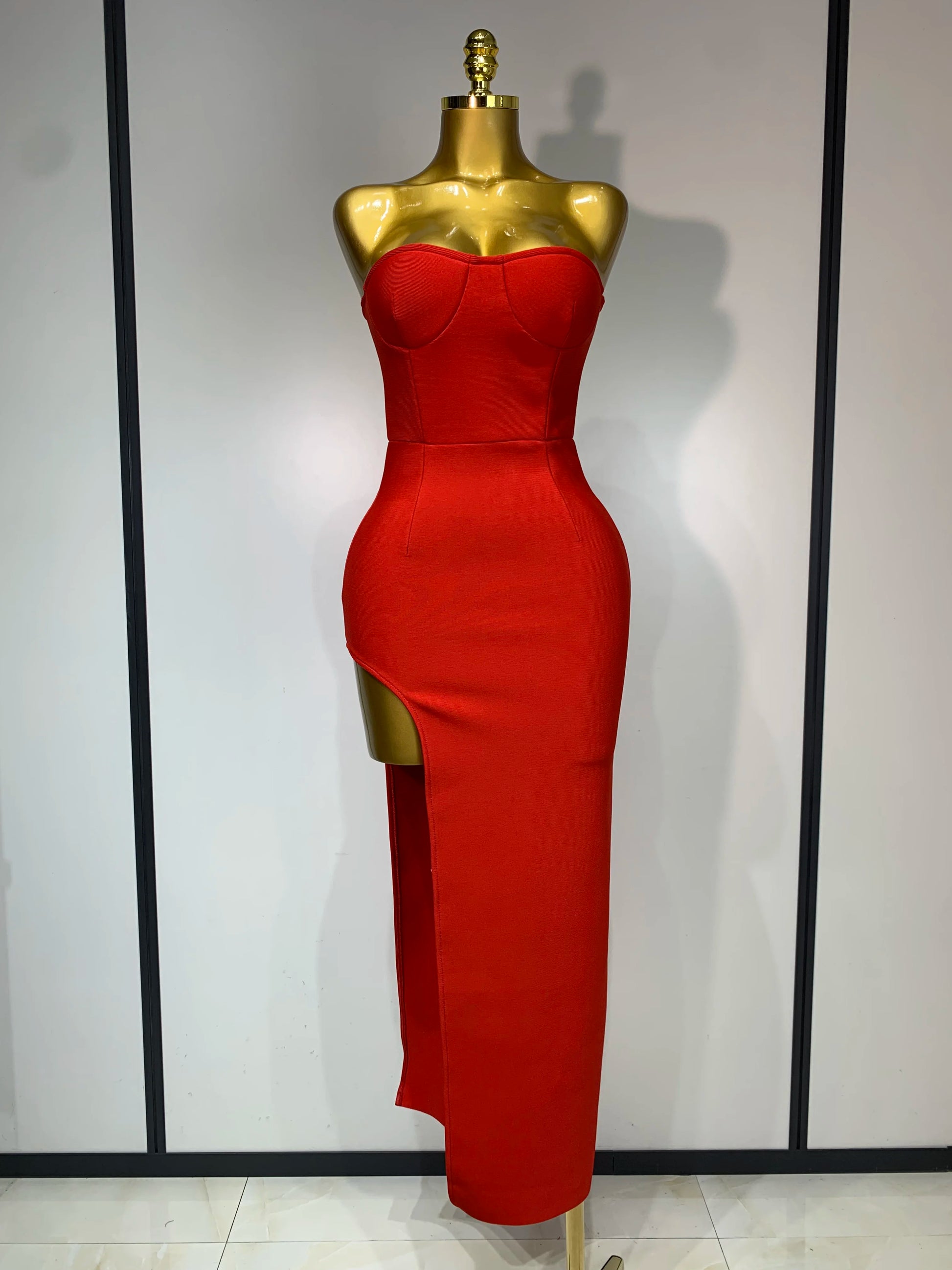 Sexy Red Strapless High Split Long Bandage Dress Luxury Birthday Dress Women Backless Bodycon Dresses Elegant Evening Party Gown Red