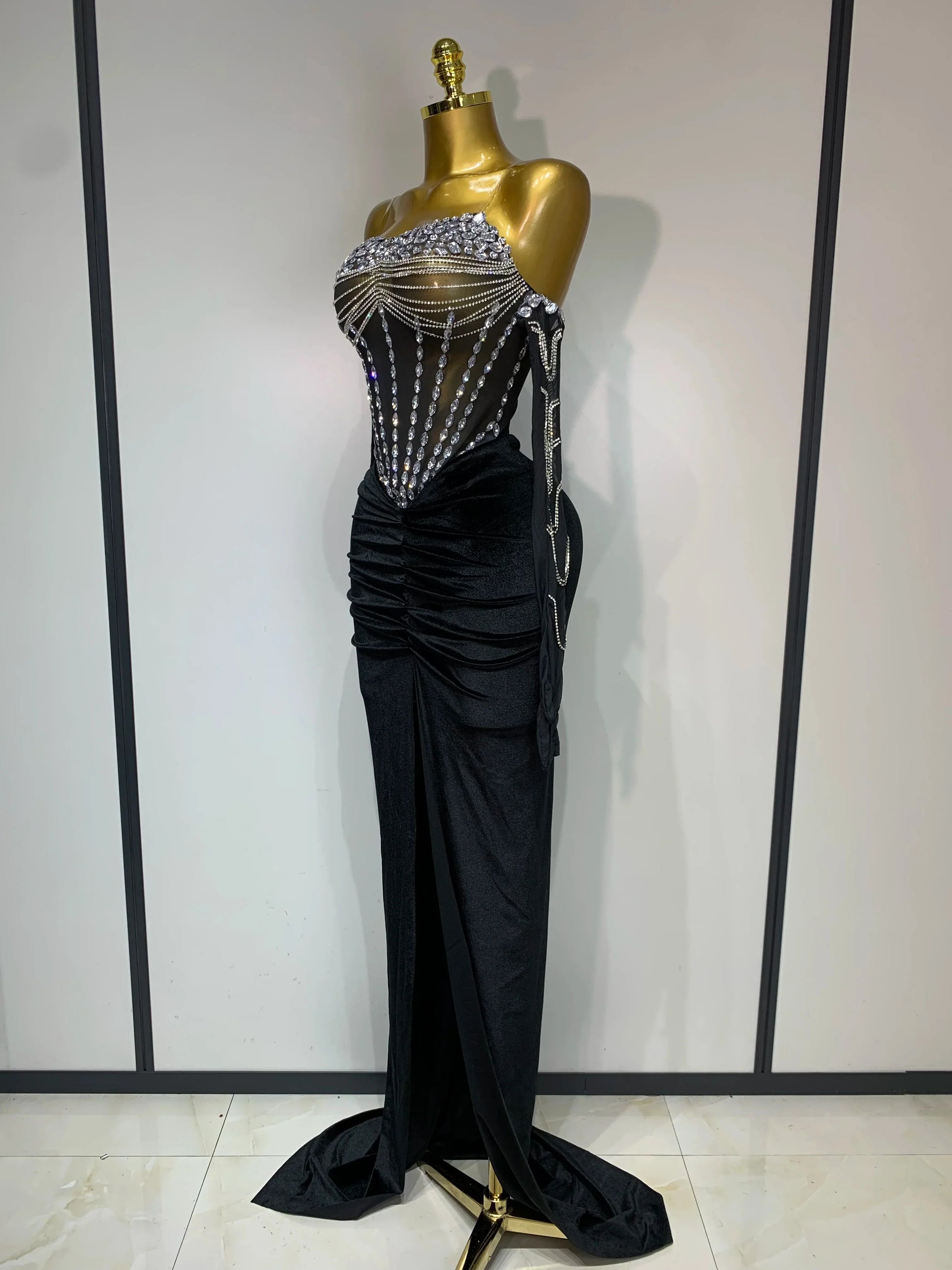 Women Sexy Strapless Rhinestone bodysuit Skirt Three Piece Set Celebrity Elegant Evening Party Birthday Dresses Stage Costume