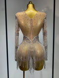 Women Sexy Mesh See Through Performance Dance Nightclub Rompers Singer Stage Outfit Sparkly Rhinestone Bodysuit Birthday Wear