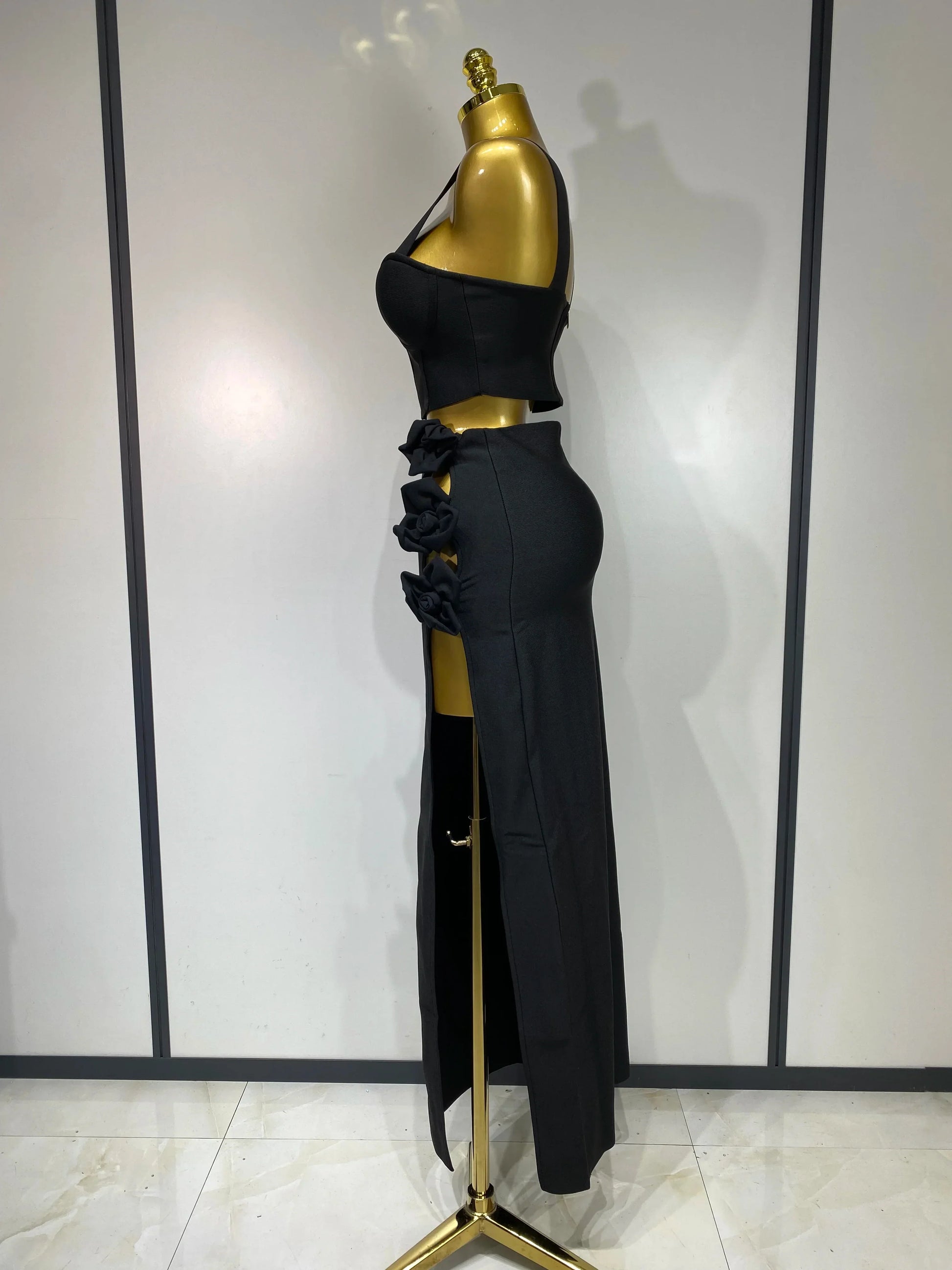 Summer Women Sexy Flower Black Red Bandage Two Piece Set Celebrity Evening Party Skirt Suits Luxury Birthday Outfit