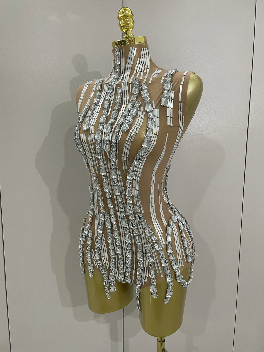 Sparkly Rhinestone Chain Sexy Transparent Sleeveless Bodysuit Women Party Nightclub Team Performance Costume Show Stage Wear Silver