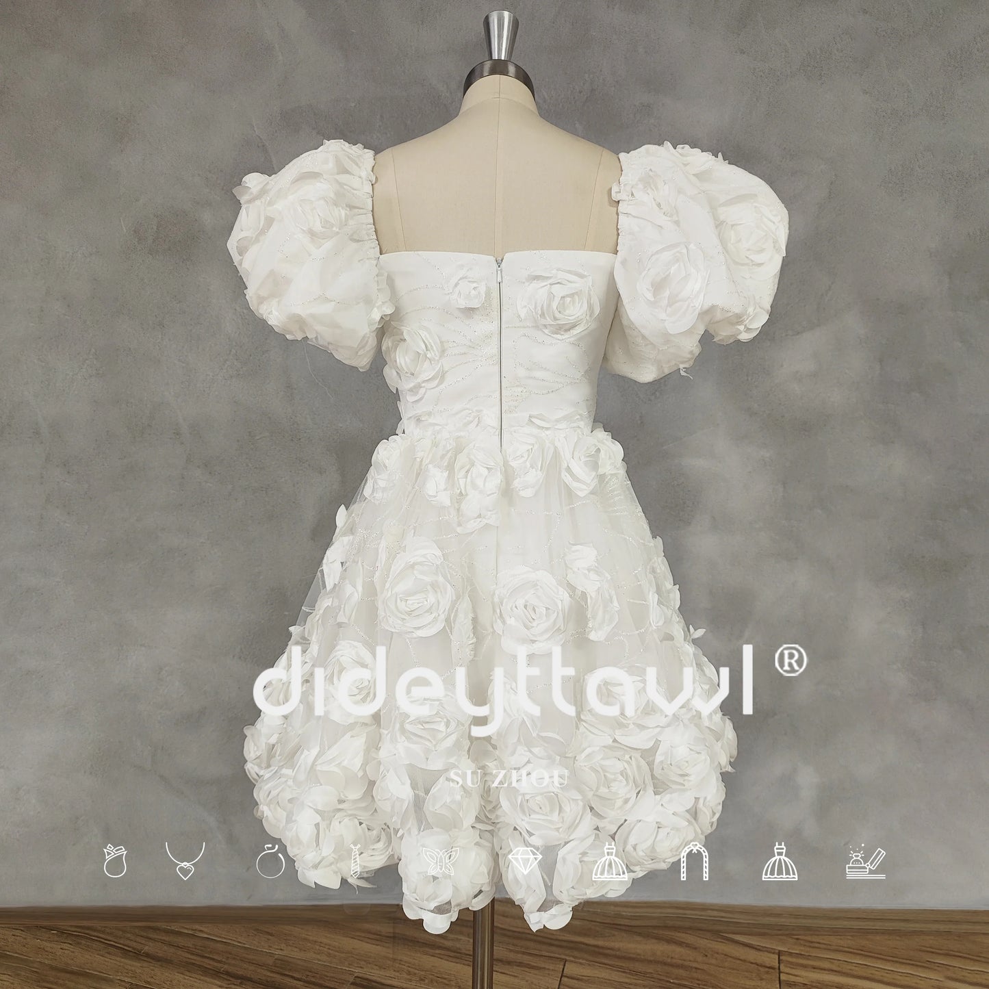 פרחי 3D צוואר מרובע שרוולי נפיחות שמלת מסיבת חתונה קצרה רוכסן קו רוכסן אחורי מיני שמלת כלות