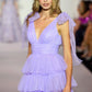 Lavender V-Neck Prom Dresses A-line Tulle Vestidos De Noche Cascading Ruffle Sexy Side Split Sweep Train Cocktail Party