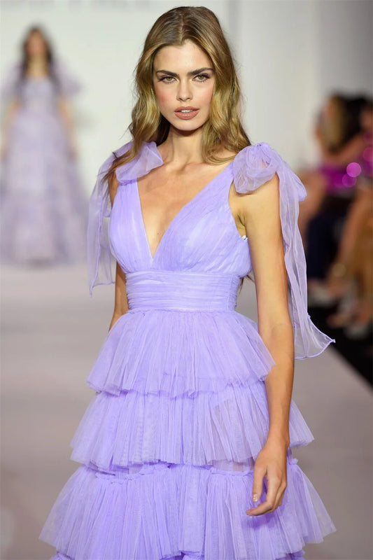 Lavender V-Neck Prom Dresses A-line Tulle Vestidos De Noche Cascading Ruffle Sexy Side Split Sweep Train Cocktail Party