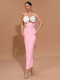 Sexy Women'S Light Luxury Flower Design Bandage Dress Spaghetti Strap Sleeveless Bodycon Backless Long Dresses Vestidos Pink