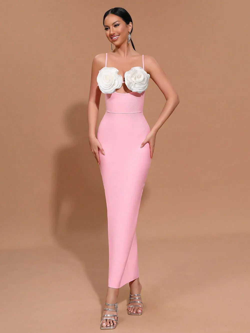 Sexy Women'S Light Luxury Flower Design Bandage Dress Spaghetti Strap Sleeveless Bodycon Backless Long Dresses Vestidos Pink