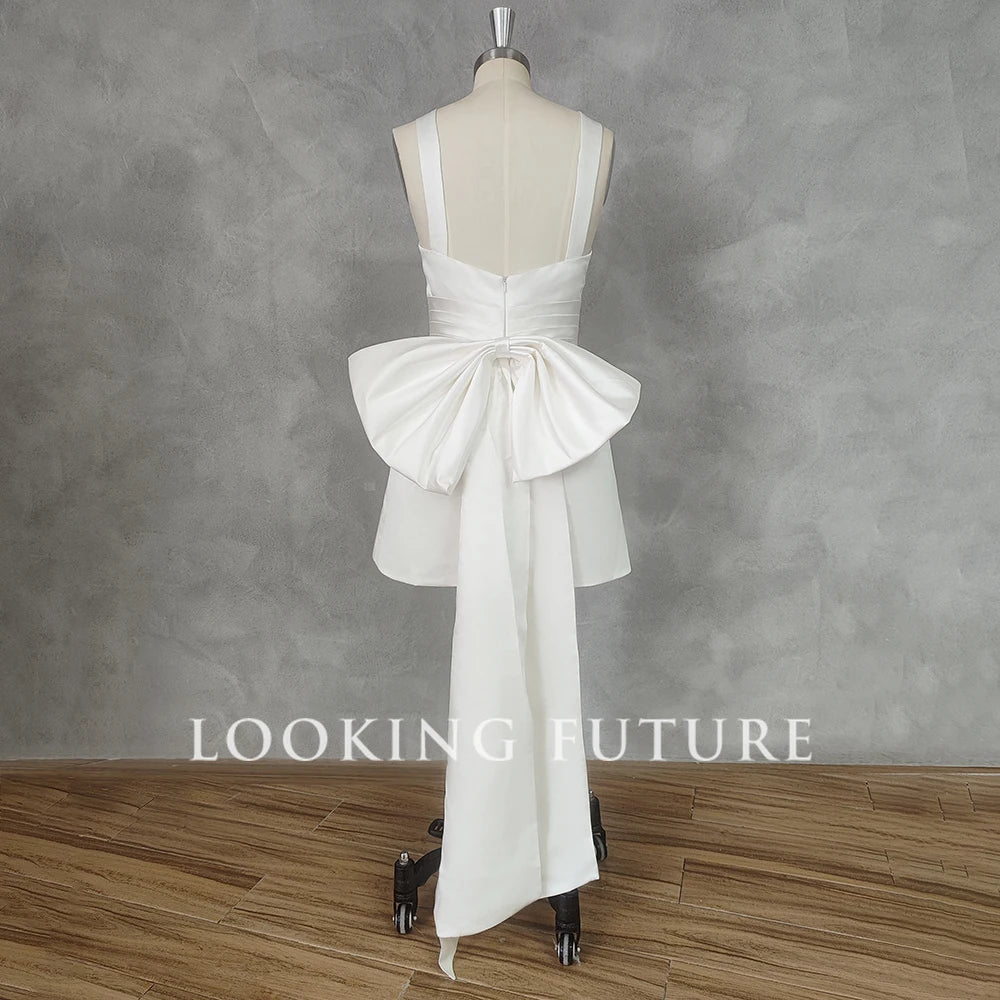 Gaun pengantin pendek mini sivil dengan busur untuk wanita kolar persegi tanpa lengan a-line bridal mudah terbuka gaun belakang vestido de novia