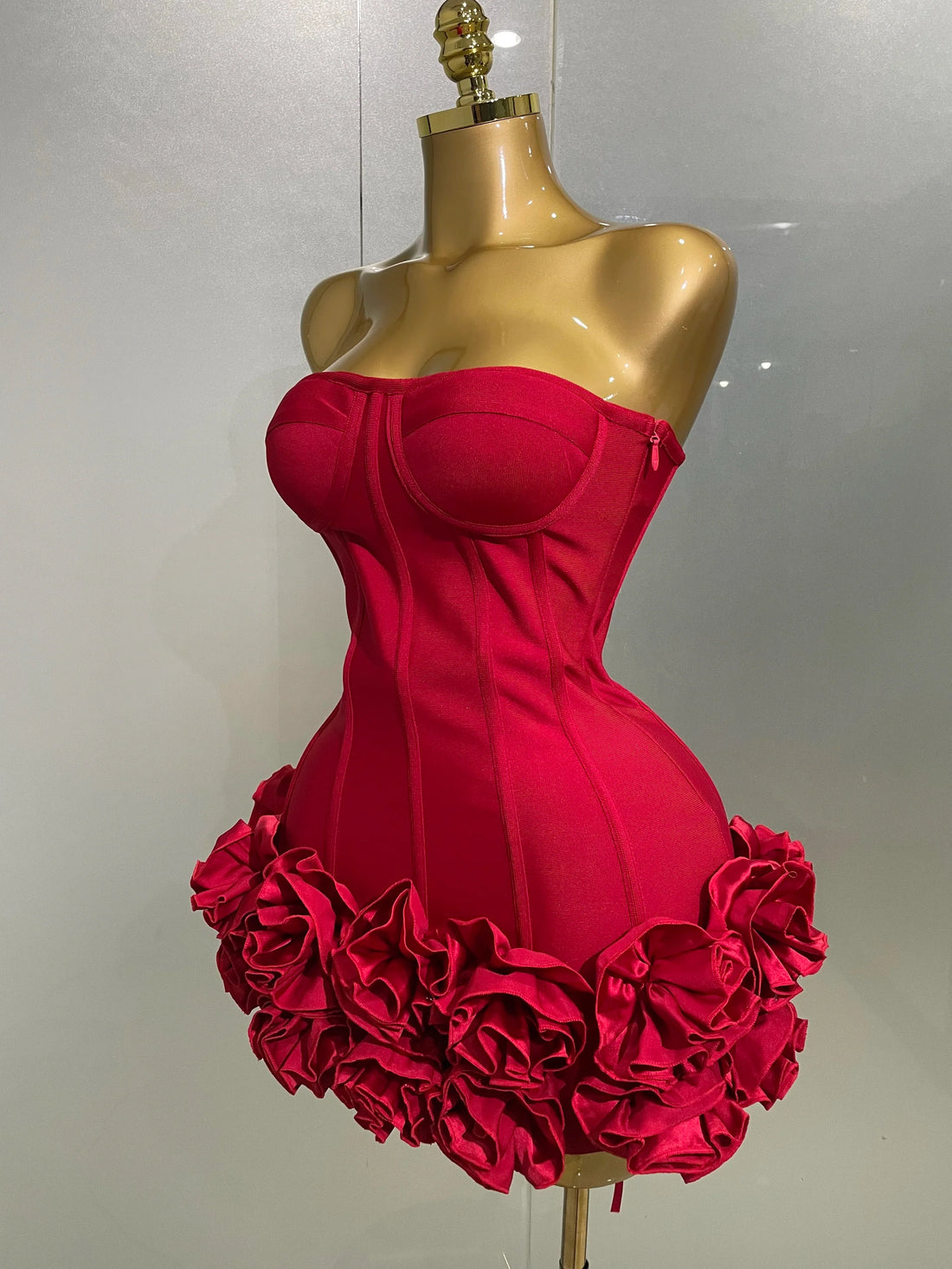 Sexy Evening Bandage Dress Strapless Bodycon Flowers Mini Celebrity Women Birthday Party Dress Photo Shoot Nightclub Outfit Red