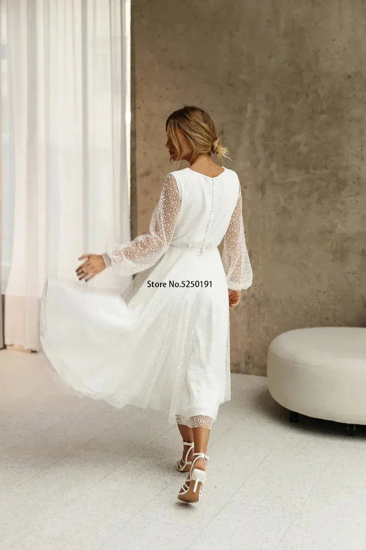 Vintage Long Sleeves Tea Length Polla Dot Wedding Dresses Formal Party Growm Vestido De noival WHITE