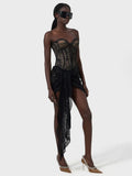 Fashion Black Lace Strapless Corset Mini Dress with Asymmetrical Skirt for Fashion-Forward Events Evening Gown