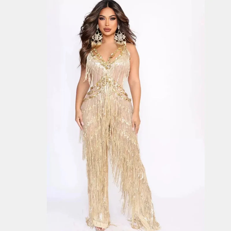 Golden Sequins Tassle Sexy V-Neck Hollow Out Jumpsuit Fashion Woman Woman Party Outfit Stage Performance Costume Gold