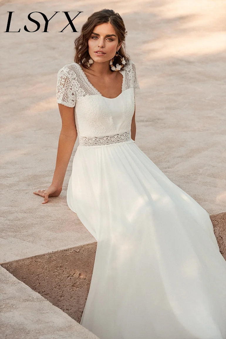Chiffon v-neck boho gaun pengantin untuk wanita lengan pendek lantai panjang gaun pengantin gaun de Marie adat yang dibuat