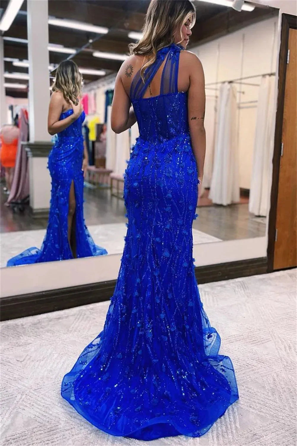 Princess One Shoulder Fishtail Prom Dress Sapphire Blue Vestidos De Noche Fairy 3D Flower Mermaid فساتين مناسبة رسمية
