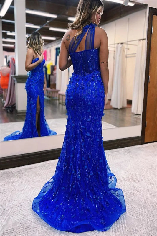 Princess One Shoulder Fishtail Prom Dress Sapphire Blue Vestidos De Noche Fairy 3D Flower Mermaid فساتين مناسبة رسمية
