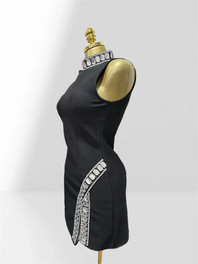 Summer Super shining Diamonds O-neck Sleeveless Bandage Mini Dress Fashion Woman Birthday Party Dress Music Festival Outfit