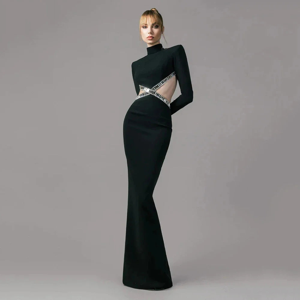 Luxury Squares Diamonds Sexy Hollows Out Blackless Long Dress Elegant Goddess Evening Dress Celebrity Party Outfit black
