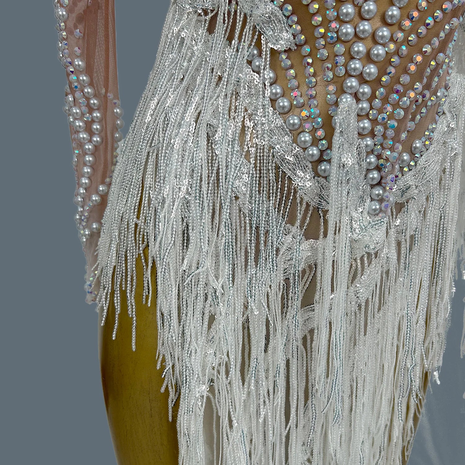 Stunning White Pearls Mini Dress Long Sequins Tassel See Through Mesh Dress Birthday Celebrate Party Dance Event Gala Wear Fumao