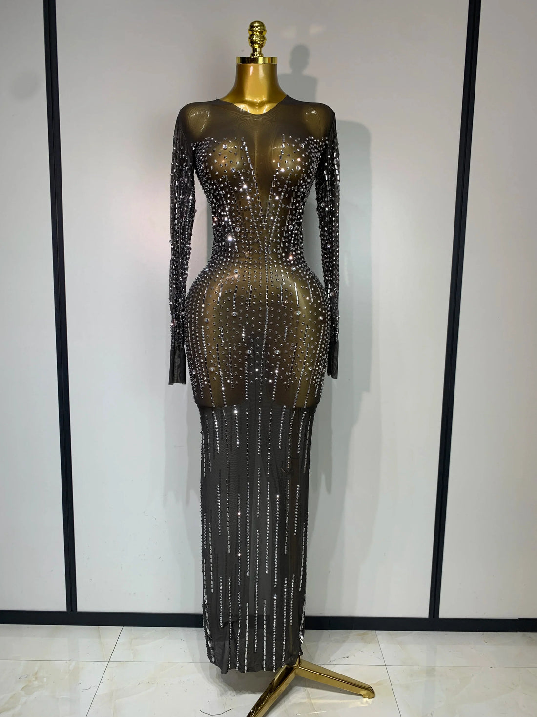 Women Sexy Long Sleeve Mesh See Through Dress Elegant Evening Party Luxury Birthday Club Rhinestone Performance Costume black