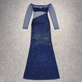 Elegant Sequin Embellished Off-Shoulder Mesh Maxi Dress for High-End Weddings Evening Gown Blue