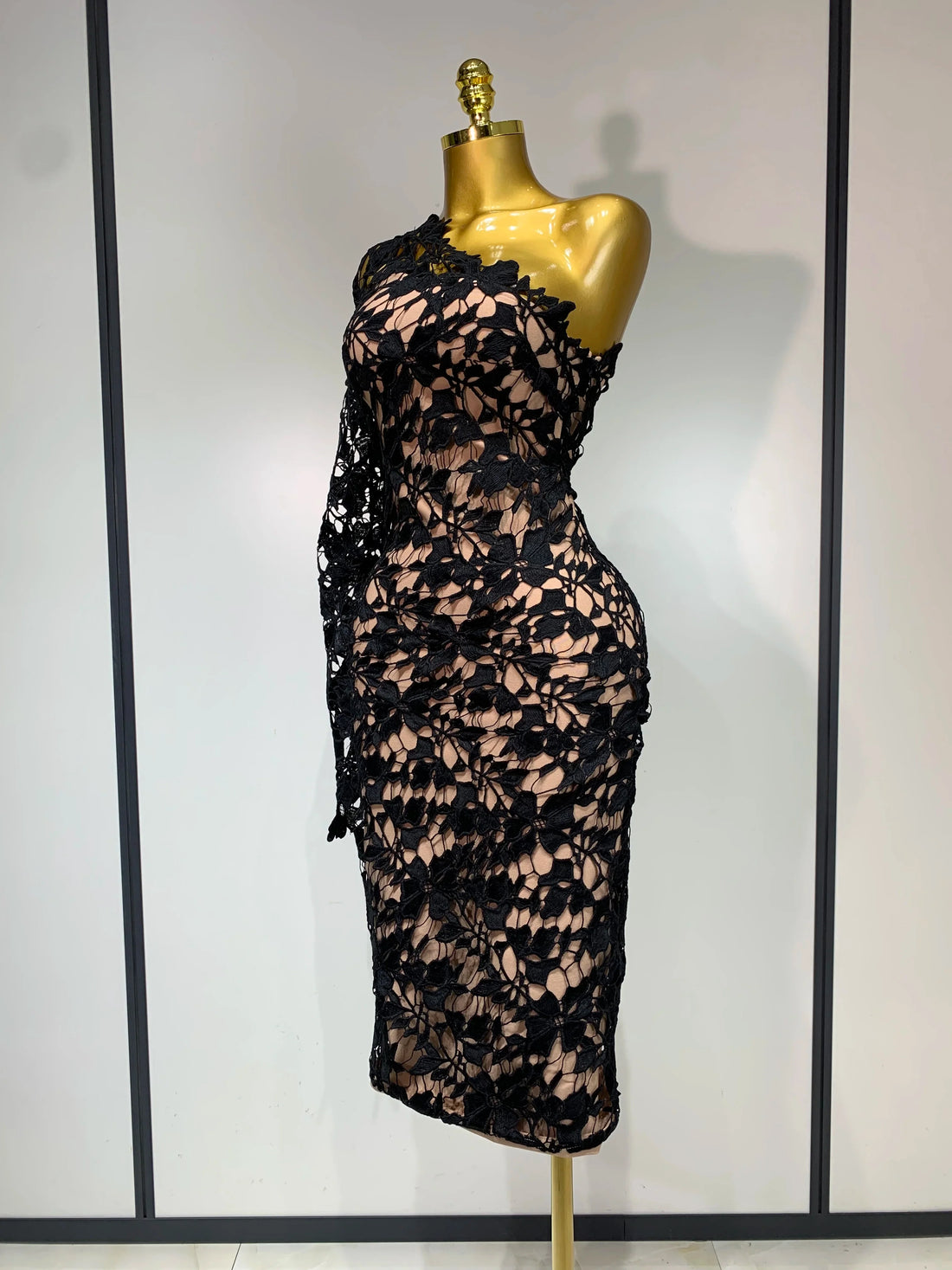 Women Sexy Lace Patchtop Bandage Dress Diagonal Collar Single Shoulder Long Sleeve Bodycon Dress Party Luxury Birthday Dresses black