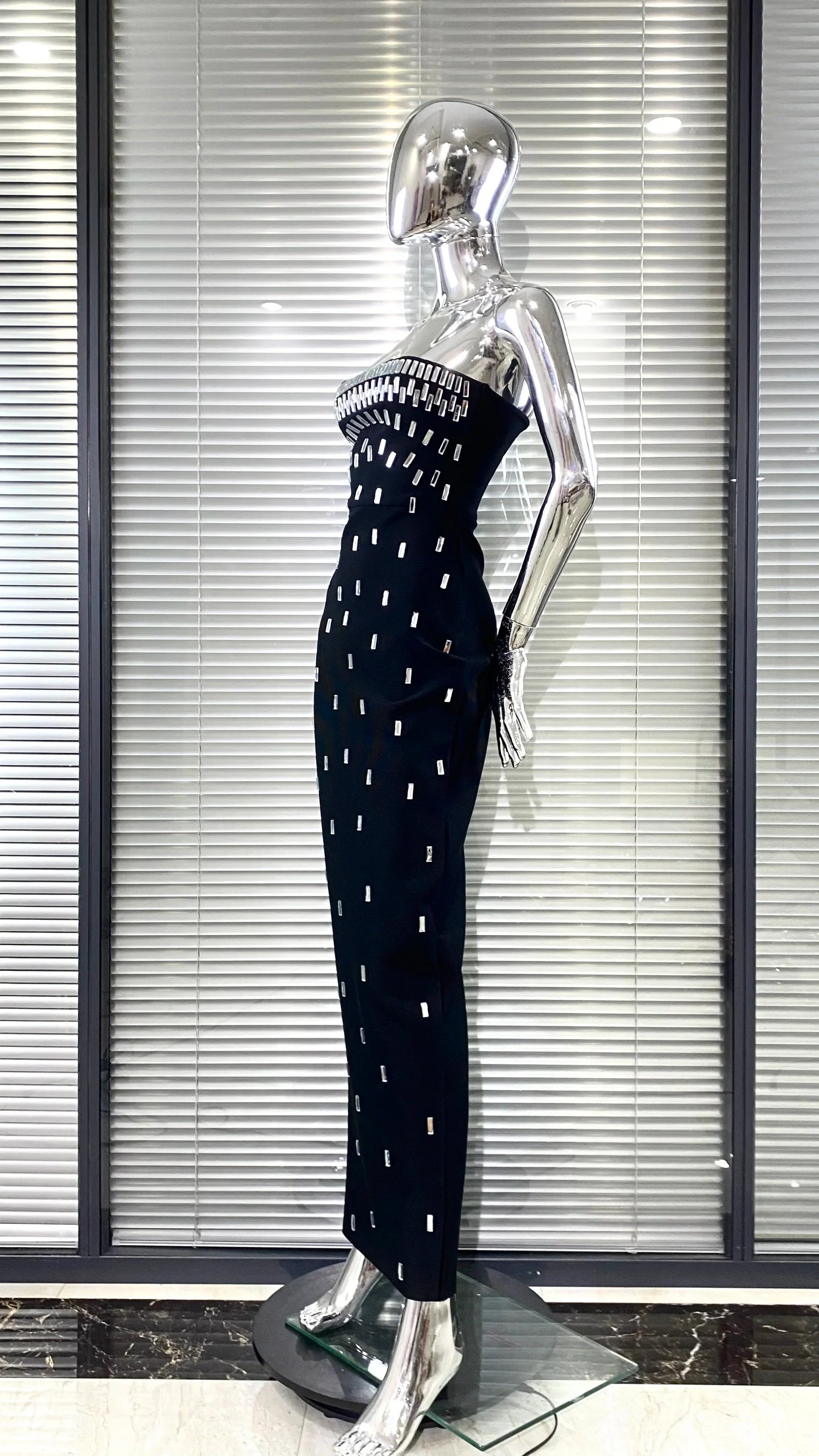 Sparkling Diamonds Fashion Woman Party Dress Strapless Black Bandage Ankle Length Dress Celebrity Birthday Party Outfit