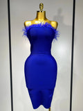 Women Sexy Backless Yellow Bodycon Bandage Dress Strapless Celebirty Elegant Feather Dresses Luxury Birthday Club Party Outfit Blue