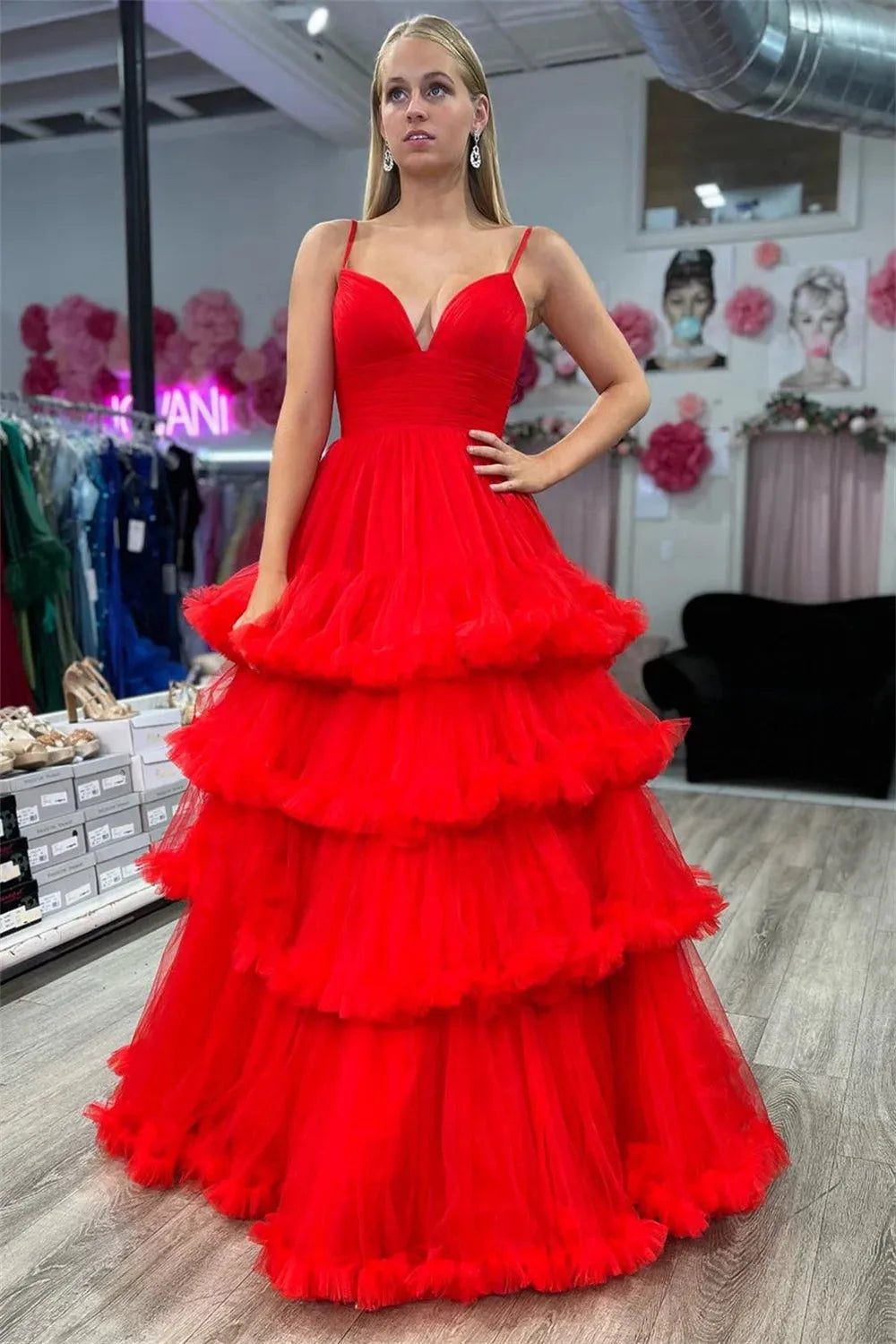 V-neck Tulle Prom Dresses Tiered Ruffle A-line vestidos de noche Elegant Sleeveless Floor-Length Ball Gown Formal Evening as pic 1