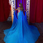 Dubai Arabic Blue Mermaid Evening Dresses with Shawl Cape Off Shoulder Glitter Beads Prom Dress فساتين السهرة vestidos de fiesta