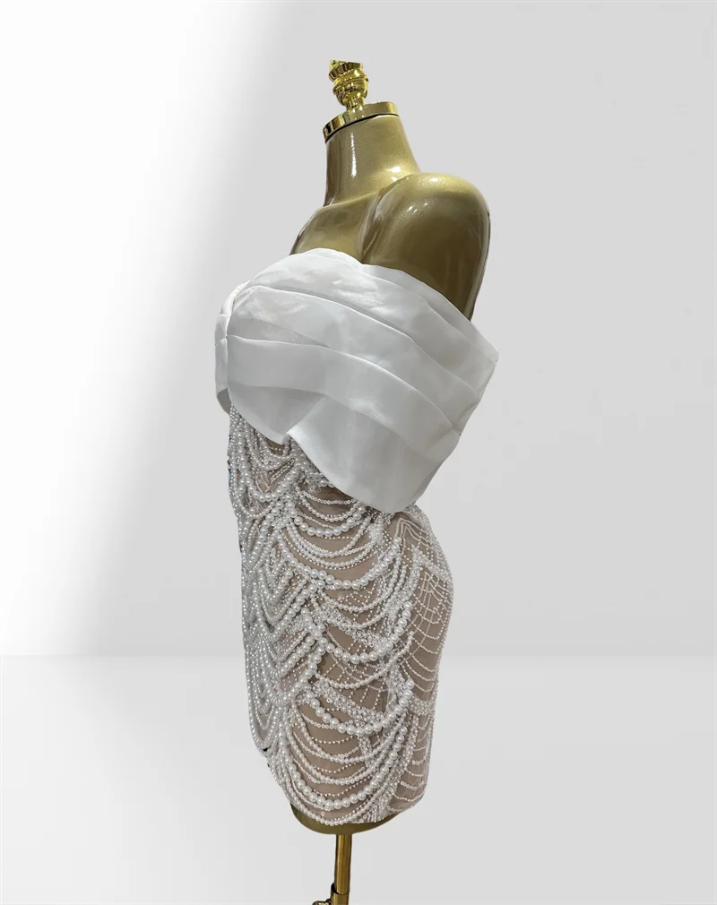 Luxury Pearl Beading White Sequins Sexy Off The Shoulder White Mini Dress Woman Wedding Party Vestido Birthday Party Outfit