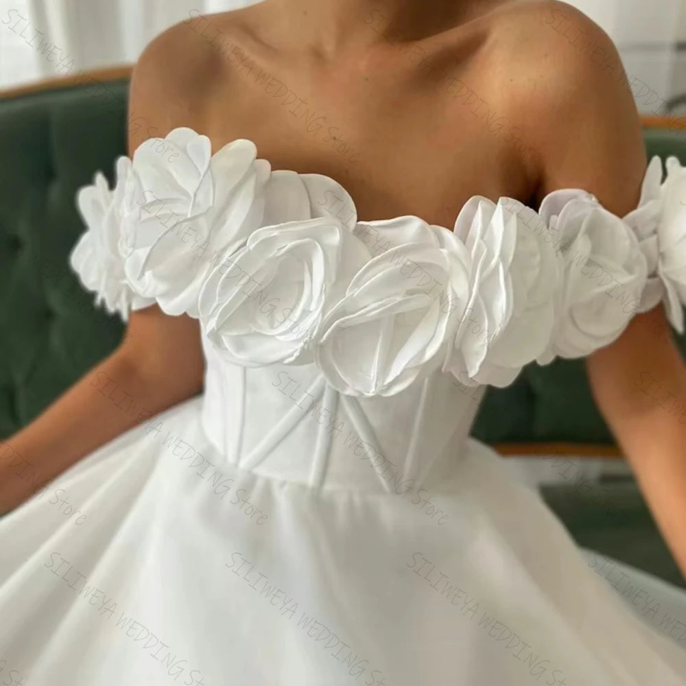 White Prom Dresses Off the Shoulder Handmade Flowers A Line Arabic Evening Gowns Elegant Women Customize Formal Party Dress