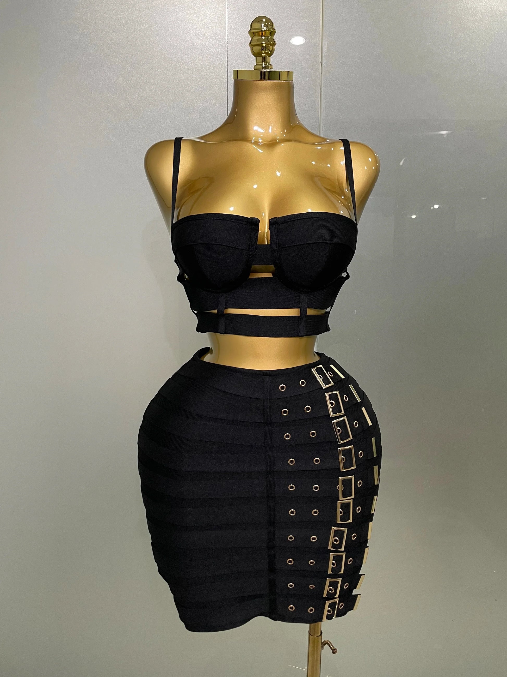 Women Sexy Bandage Tops Fashion Pencil Skirts Set Nightclub Party Celebrate Women's Set black