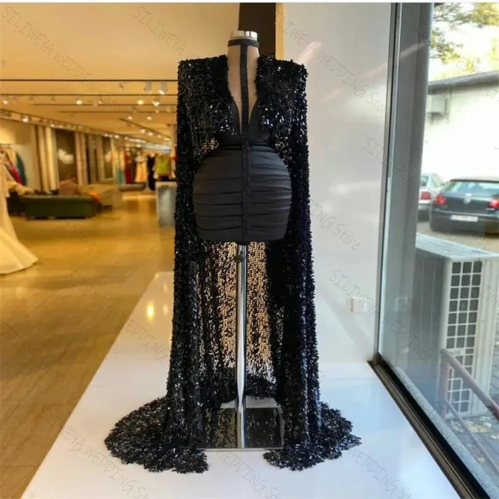 Luxury Design Evening Dresses With Wrap Chic Sequins Sheath Short Gown Halter Beads Neck Ruffles Satin Pageant Dress