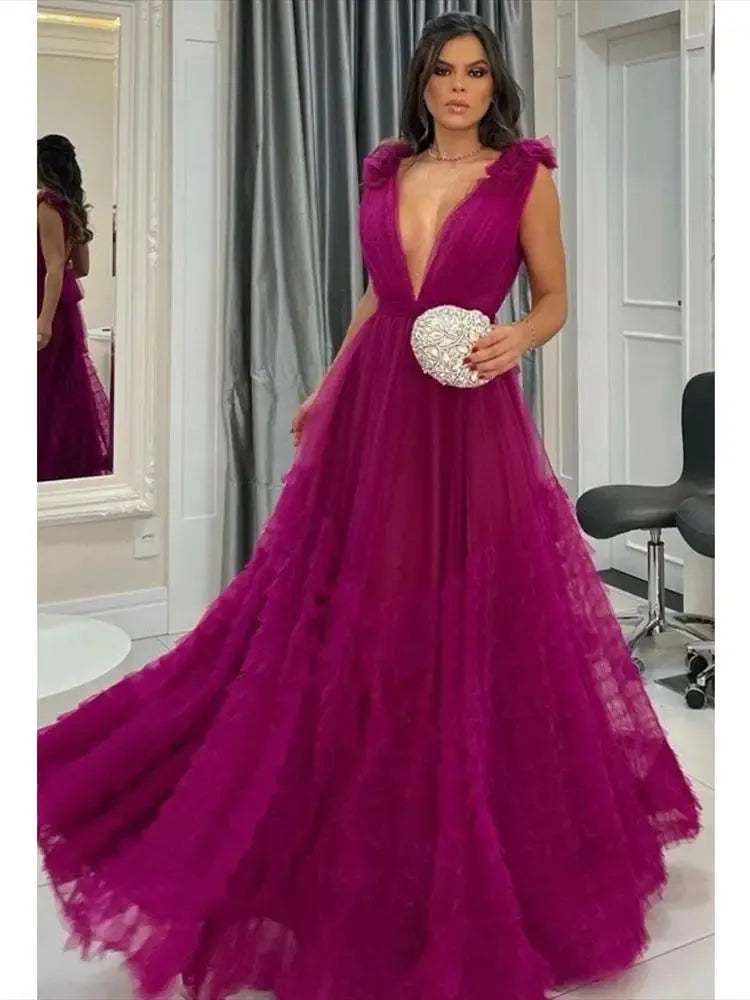 Dark Red Prom Dress Deep V-neck Multi-layer فستان سهرة Sexy Tulle