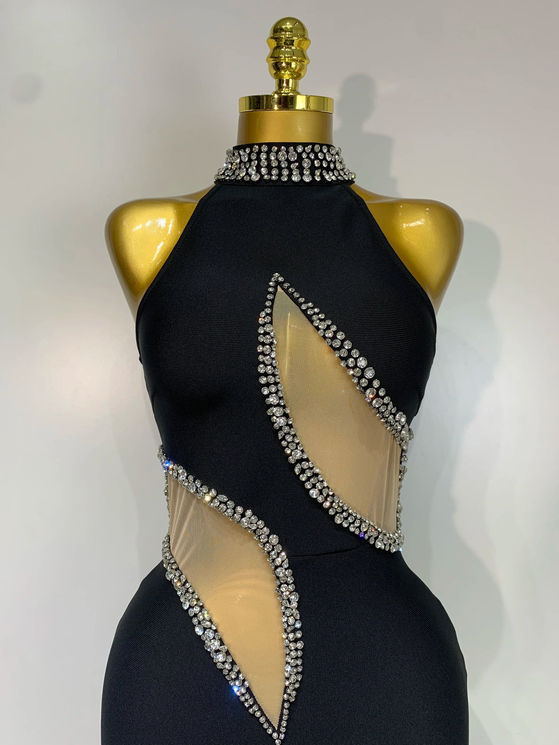 Women Sexy Rhinestone Black Sleeveless Mesh Patchwork Stretch Bodycon Bandage Party Dresses Elegant Birthday Dress