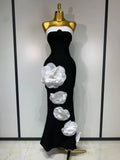 Women Sexy Strapless Backless Flower Maxi Long Bandage Dress Knitted Celebrity Elegant Evening Club Party Birthday Dresses black