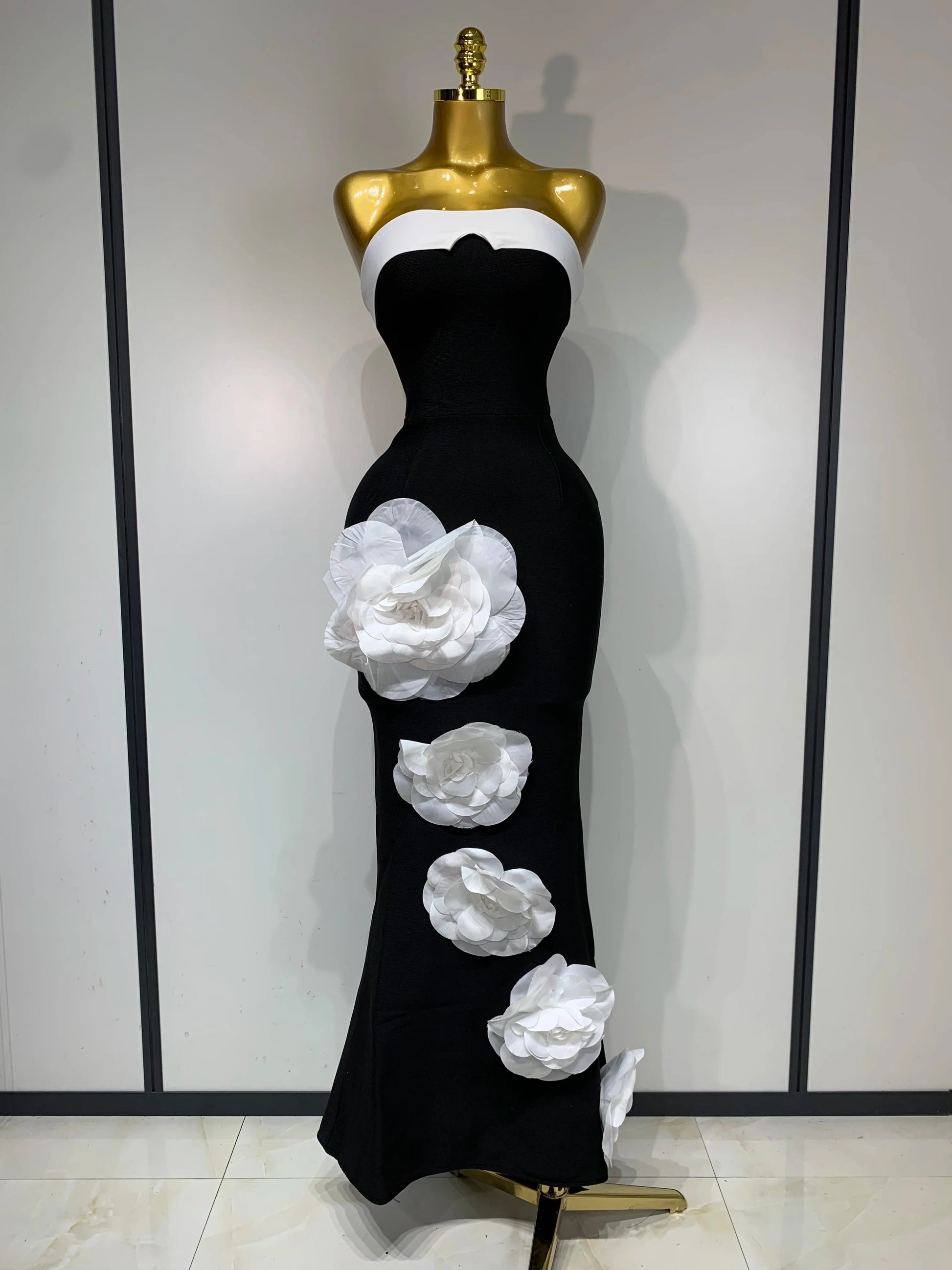 Women Sexy Strapless Backless Flower Maxi Long Bandage Dress Knitted Celebrity Elegant Evening Club Party Birthday Dresses black