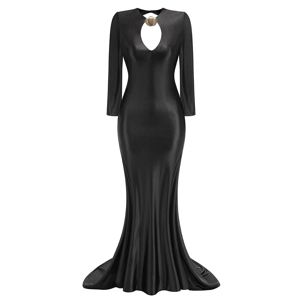 Sophisticated Long Sleeved Black Maxi Dress with Cut-Out and Open Back for Gala Affairs Evening Gown black