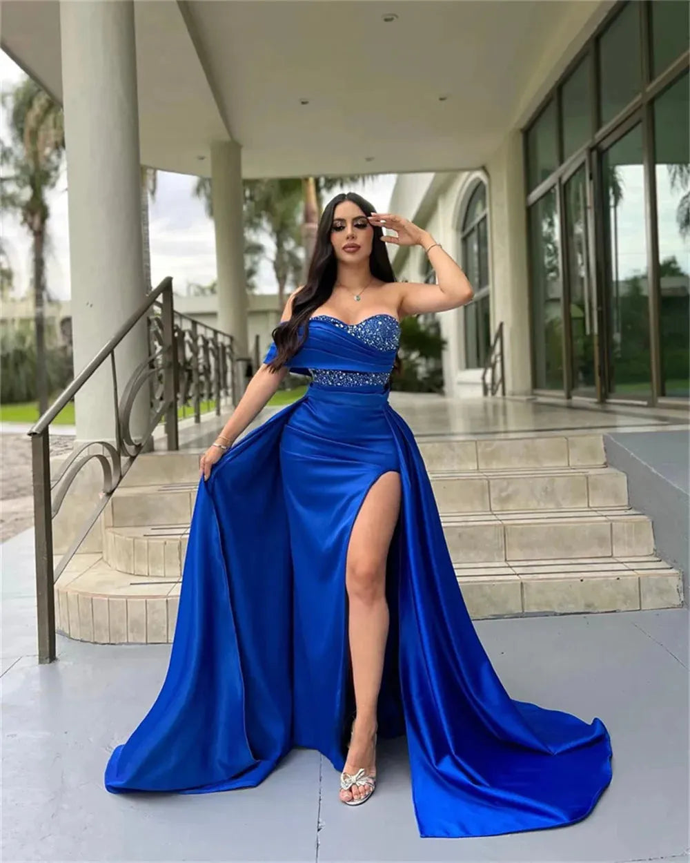 Navy Blue Satin Prom Dresses Strapless Mermaid vestidos de noche Elegant Sleeveless Sexy Side Split Formal Evening as pic
