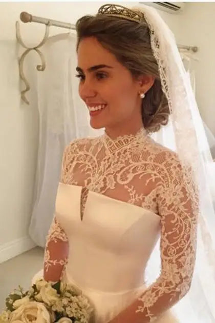 Manches longues robes De mariée Vintage balayage Train Robe De Novia dentelle Satin dos ouvert sur mesure Robe De mariée 