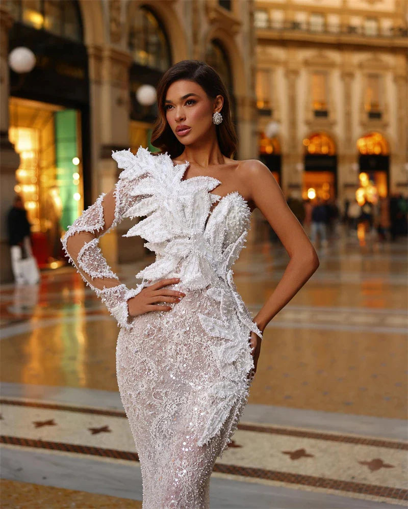 White Sequins Beading One Shoulder White Lace Long Dress Graceful Woman Wedding Party Dress Singer Performance costume