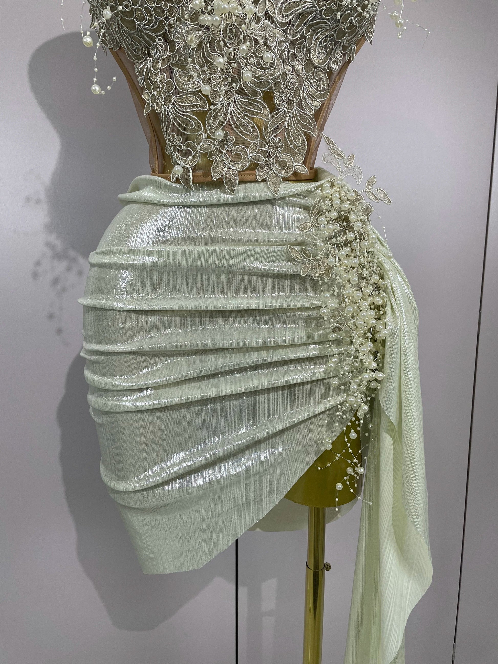 Luxury Shining Pearls Sexy Asymmetrical Skirt 2 PCS Set Women Evening Birthday Party Stage Dancer Performance Costume
