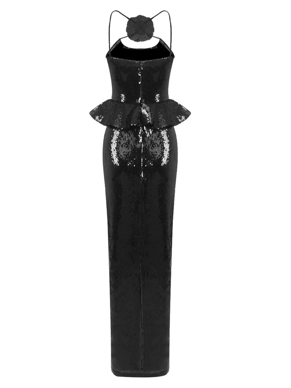 Sexy Women Sequined Long Dress Spaghetti Strap Sleeveless Three-Dimensional Flower Decoration Backless Dress Party Vestidos